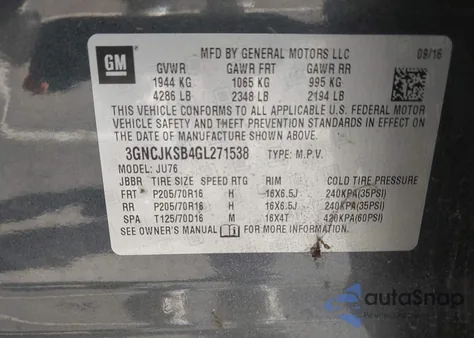 2016 Chevrolet Trax 1Ls z USA, uszkodzony, nr VIN 3GNCJKSB4GL271538